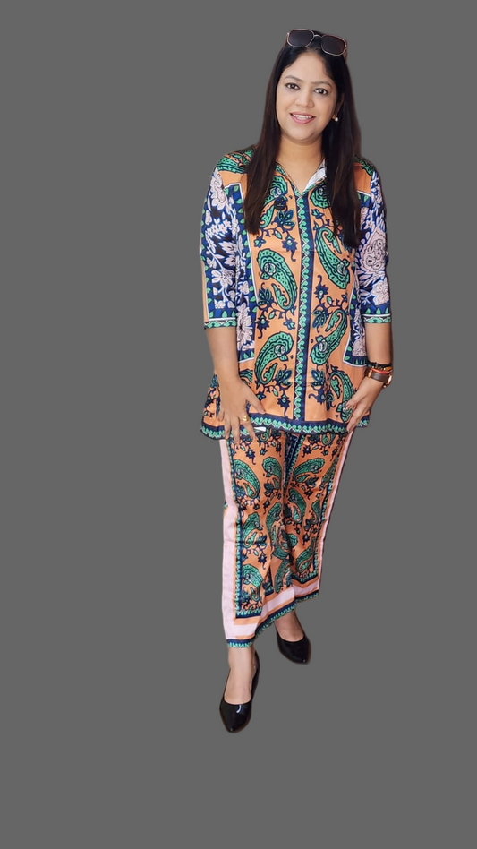 Paisaly print satin two piece cordset (A1342)