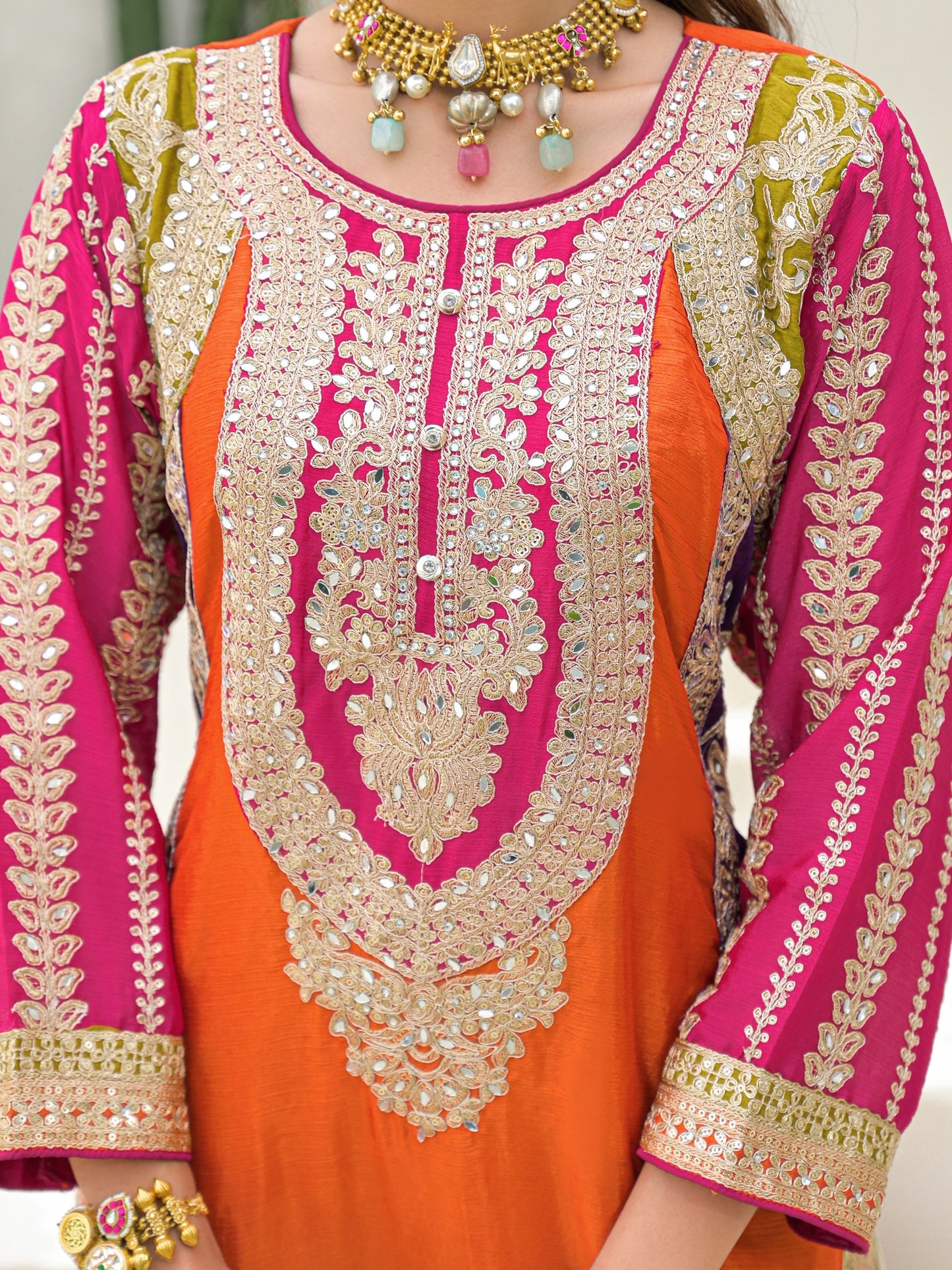 Pure chinnon full work orange based three piece set (A930)