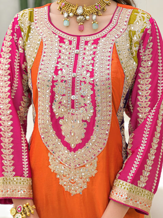 Pure chinnon full work orange based three piece set (A930)