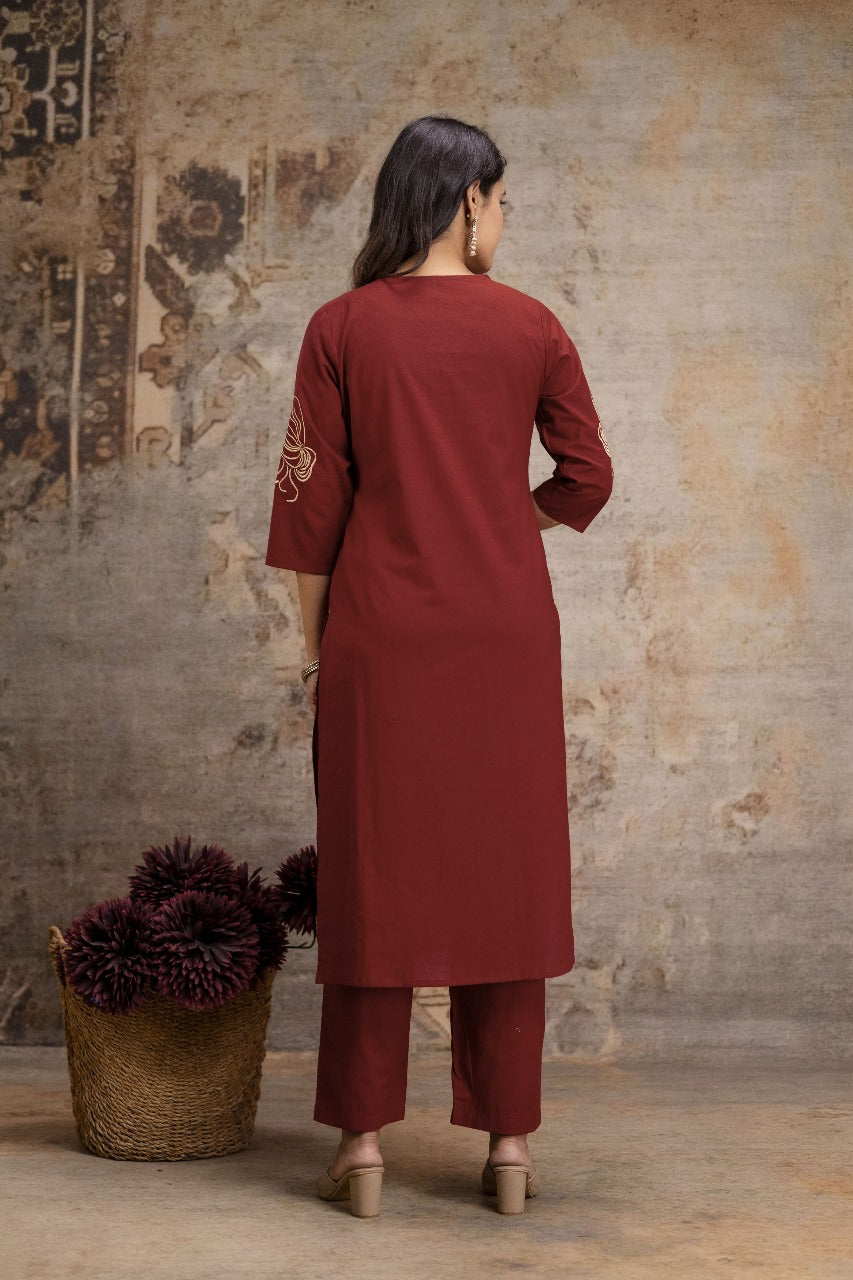 Pure cotton mahroon colour with embroidery three piece set (A1262)