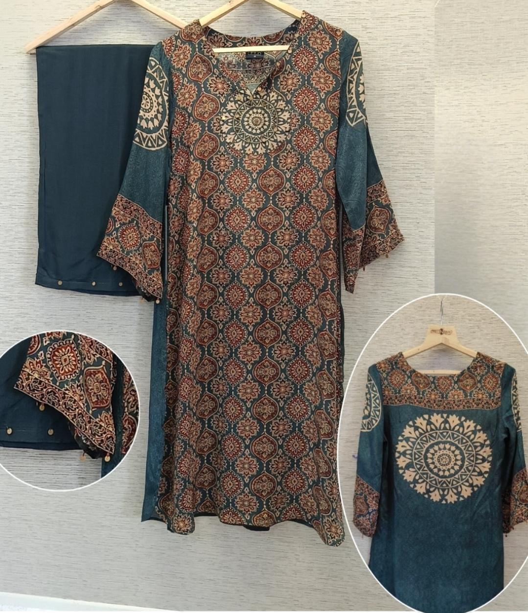 Pure crape Ajrakh print placement print smart two piece cordset (B920)