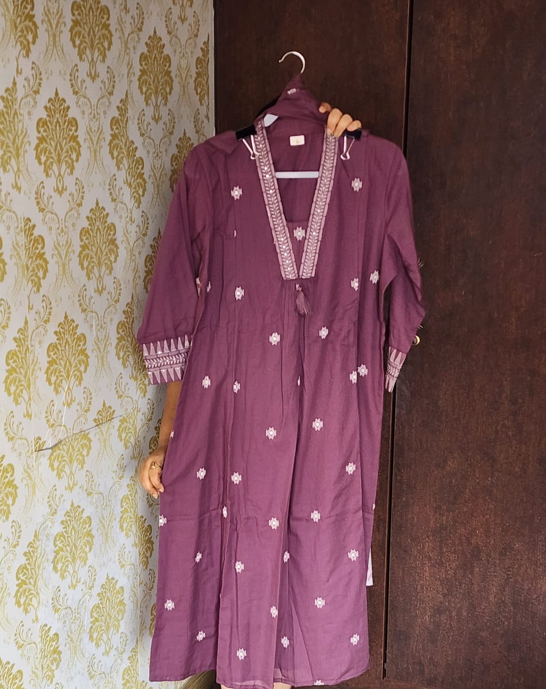 Mauve pure cotton ikkat print three piece set (P1545)