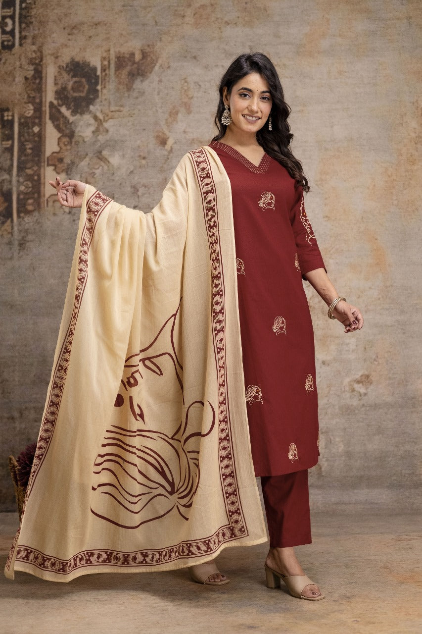 Pure cotton mahroon colour with embroidery three piece set (A1262)