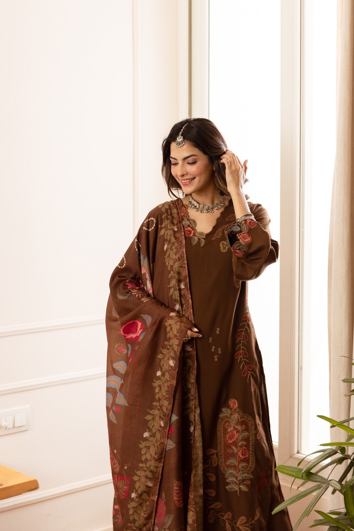 Cotton modal fully embroidered with printed dupatta three piece set (C801)
