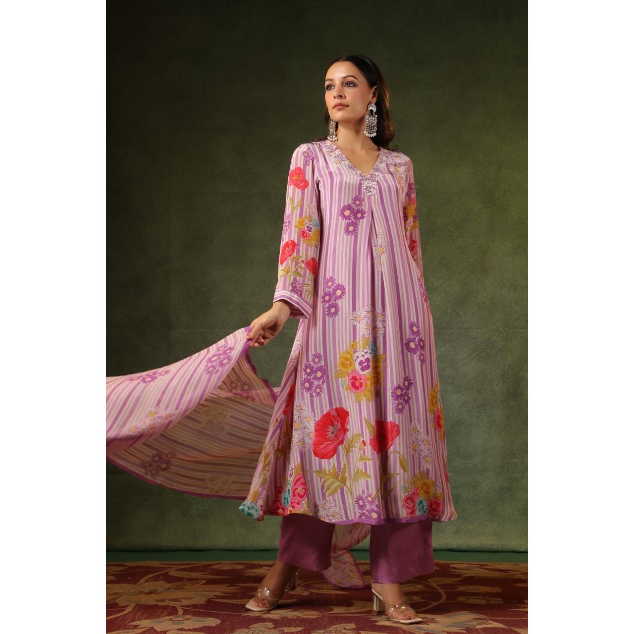 Purple pure muslin silk with organza duppatta three piece set (P662)