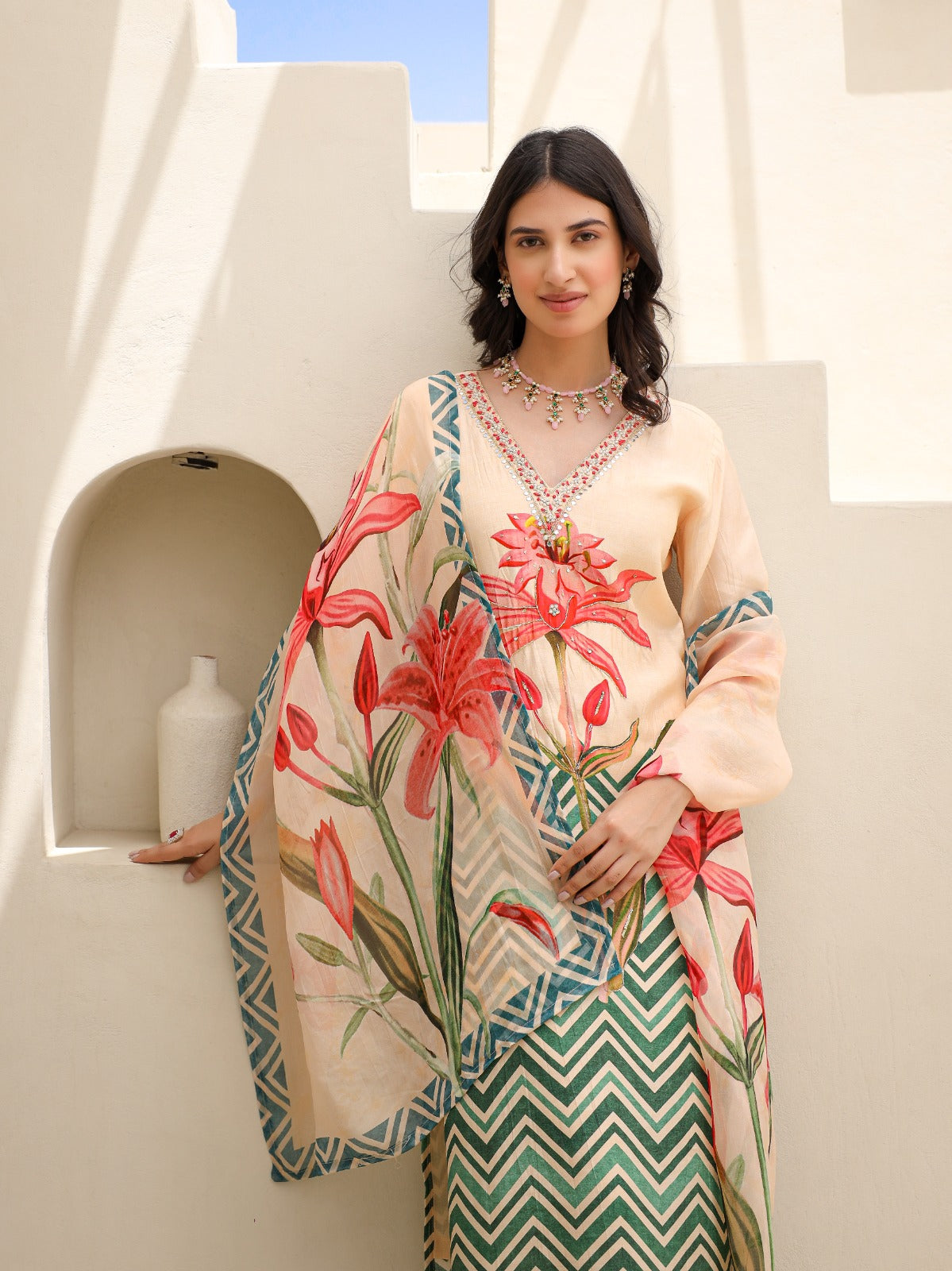 Peach with green pure silk with lining digital print(P116)