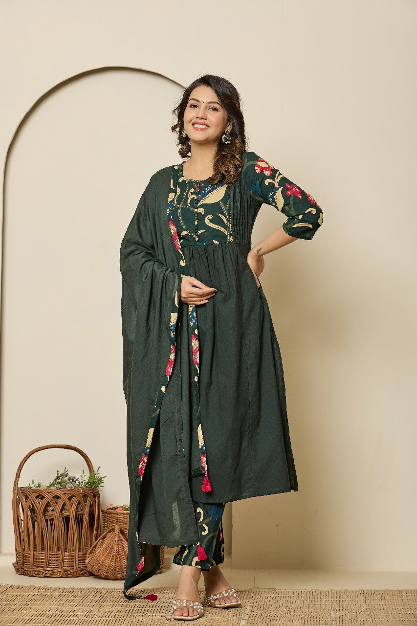 Green kalamkari pure cotton three piece set (P2338)