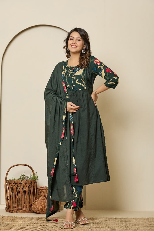 Green kalamkari pure cotton three piece set (P2338)