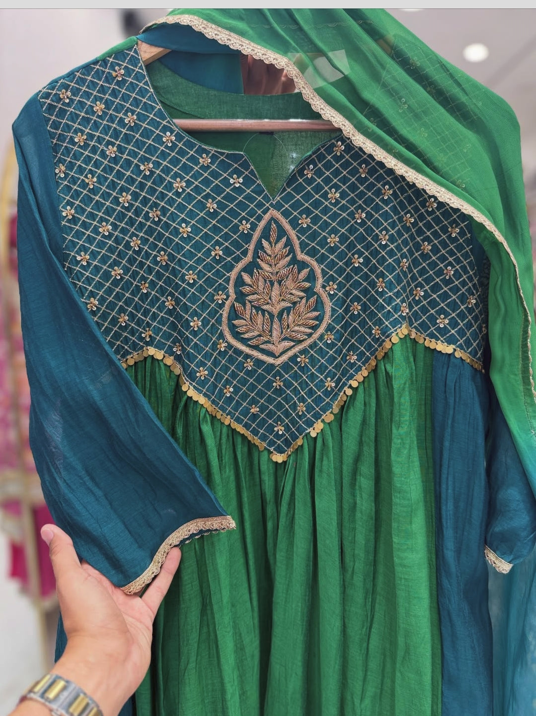 Pure mul chanderi with hand work three piece set (C516)