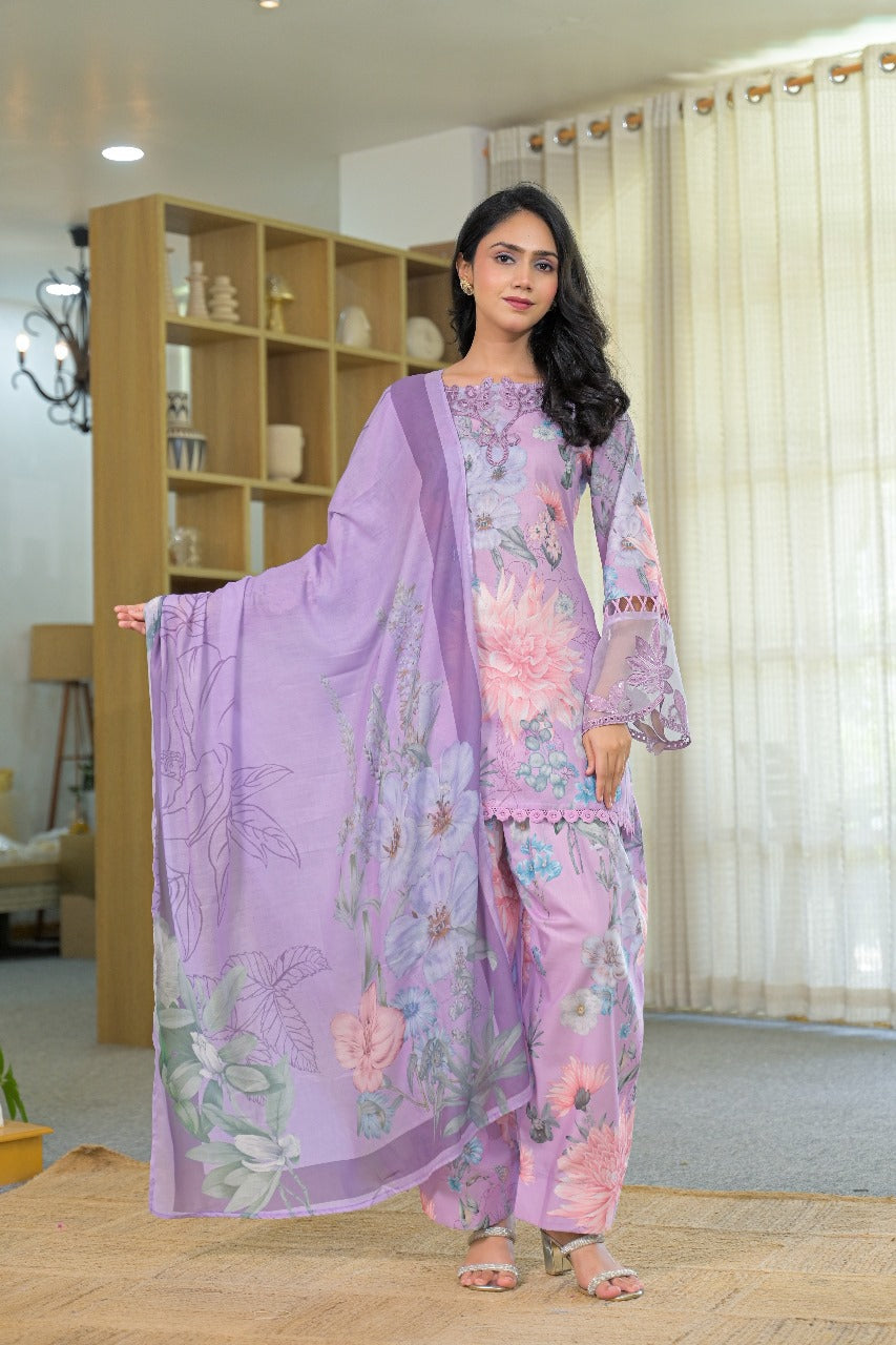 Lilac colour pure cotton farshi salwar three piece set (A294)