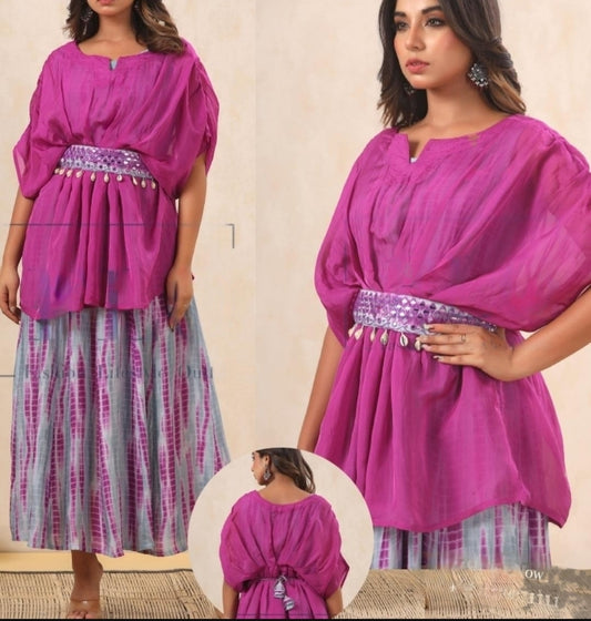 Purple shibbori pure muslin with chinnon top (P1149)