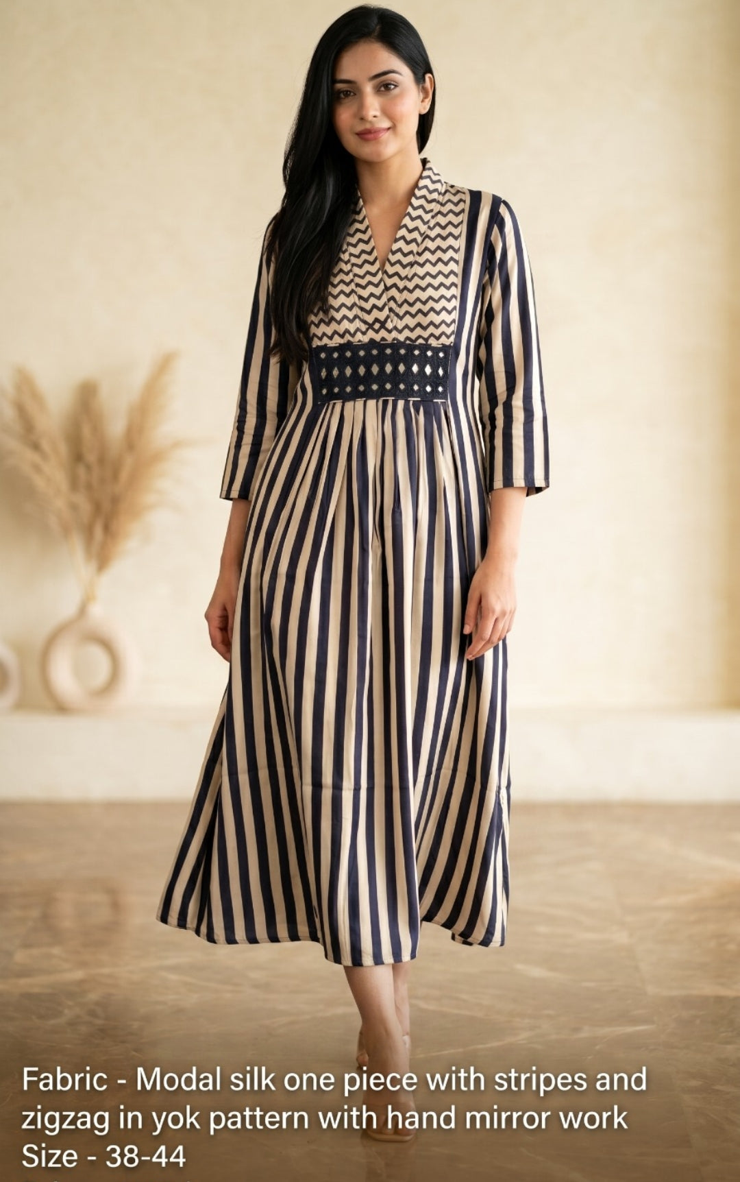 Pure modal silk strips with real mirror work smart one piece dress (S207)