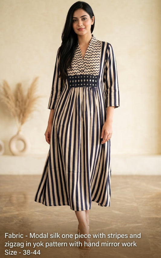 Pure modal silk strips with real mirror work smart one piece dress (S207)