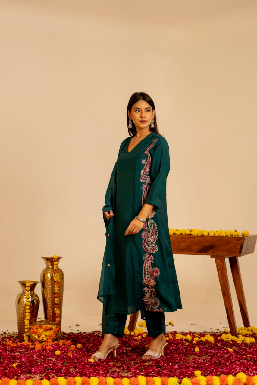 Peacock green pure Muslin fully embroidered three piece set (A1295)
