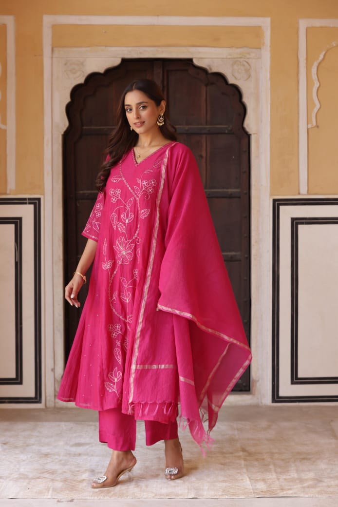 Bright pink pure mul chanderi A line with hand work three piece set (P1413)