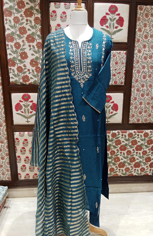 Blue pure silk with tissue dupatta three piece set (A1113)