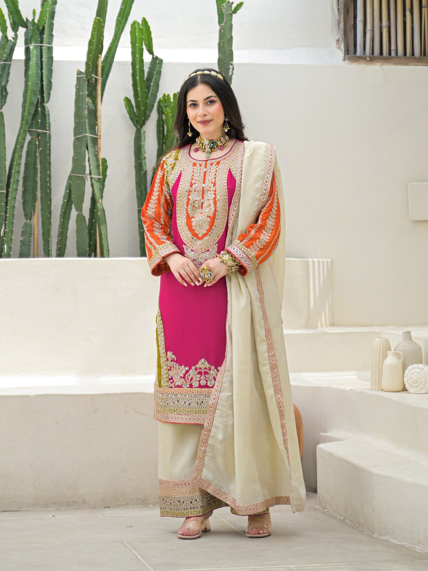 Pure chinnon full work pink based three piece set (A931)