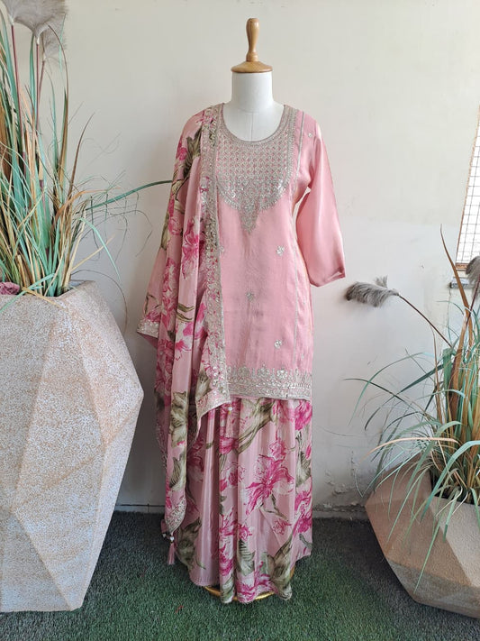 Pink pure silk with lining designer three piece set (A923)