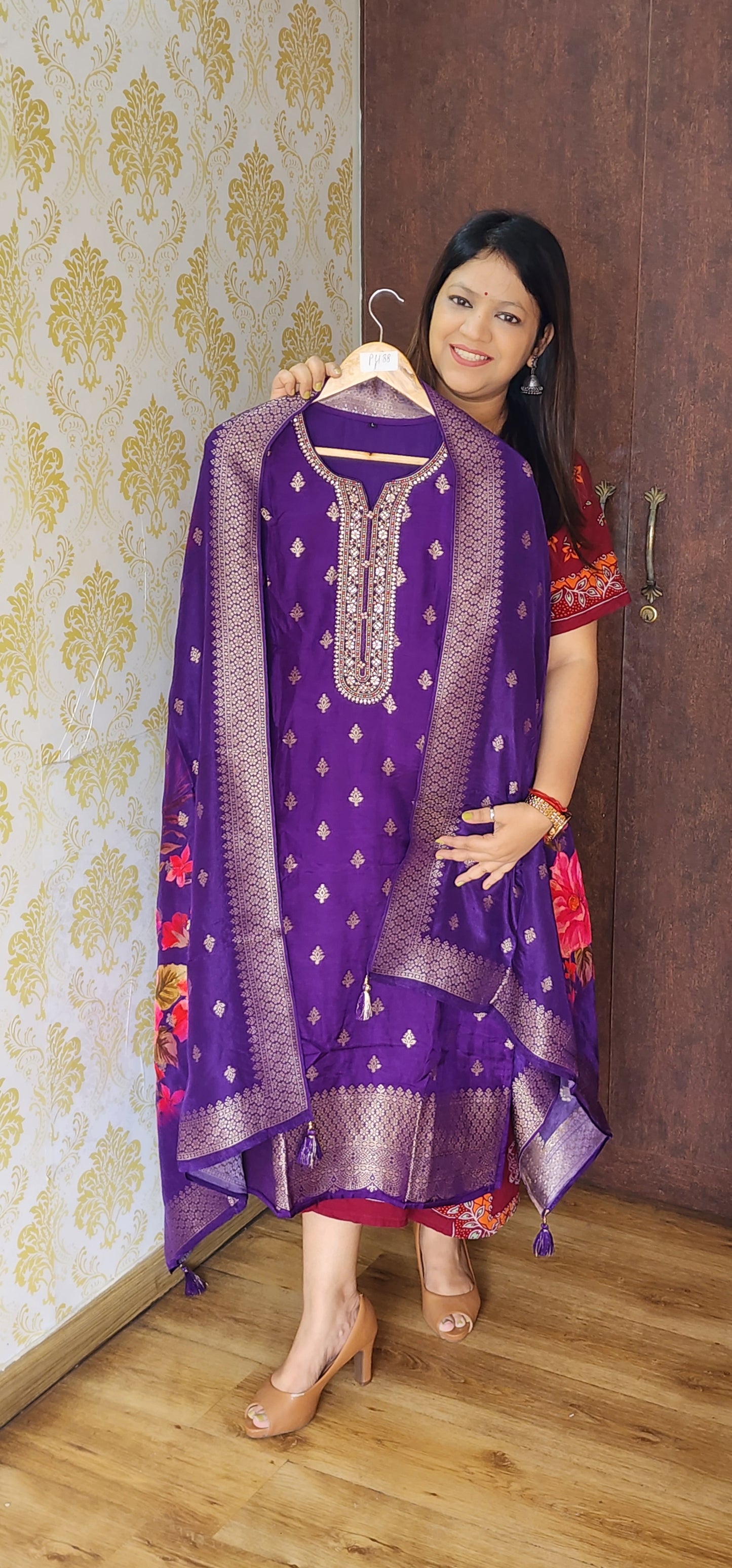 Purple pure banarsi silk three piece set (P804)