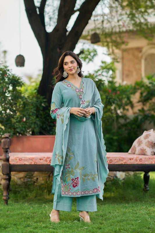 Silly cotton with lining full embroidered three piece set (S124)