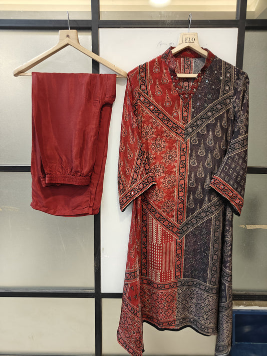 Pure crape Ajrakh print smart two piece cordset (B727)