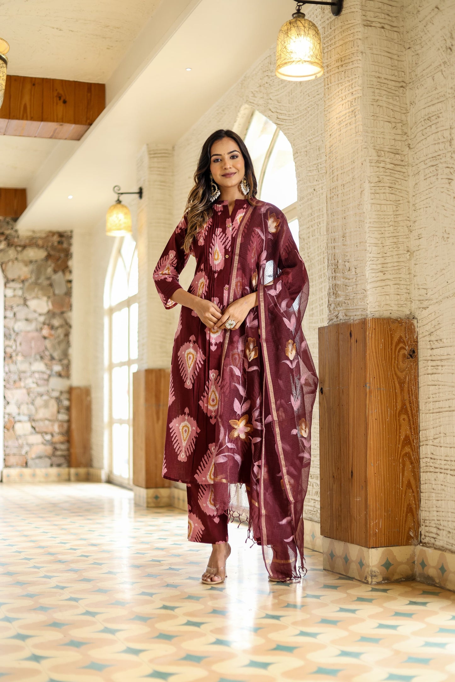 Wine ikkat print pure cotton with kota dupatta three piece set (P888)