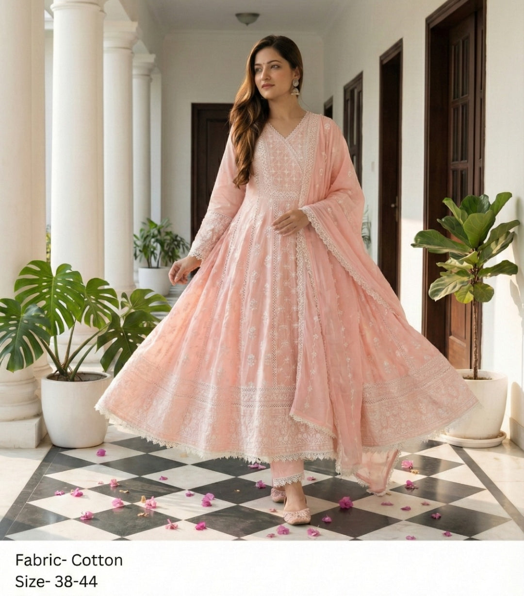 Pure cotton flared full chickanari anarkali three piece set (A1836)