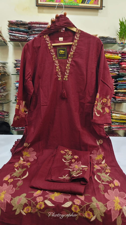Dark wine pure cotton fully thread work three piece set (A1126)
