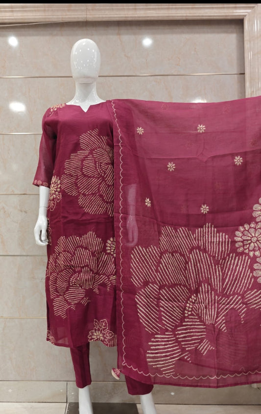 Soft chanderi with full gitten work three piece set (B441)