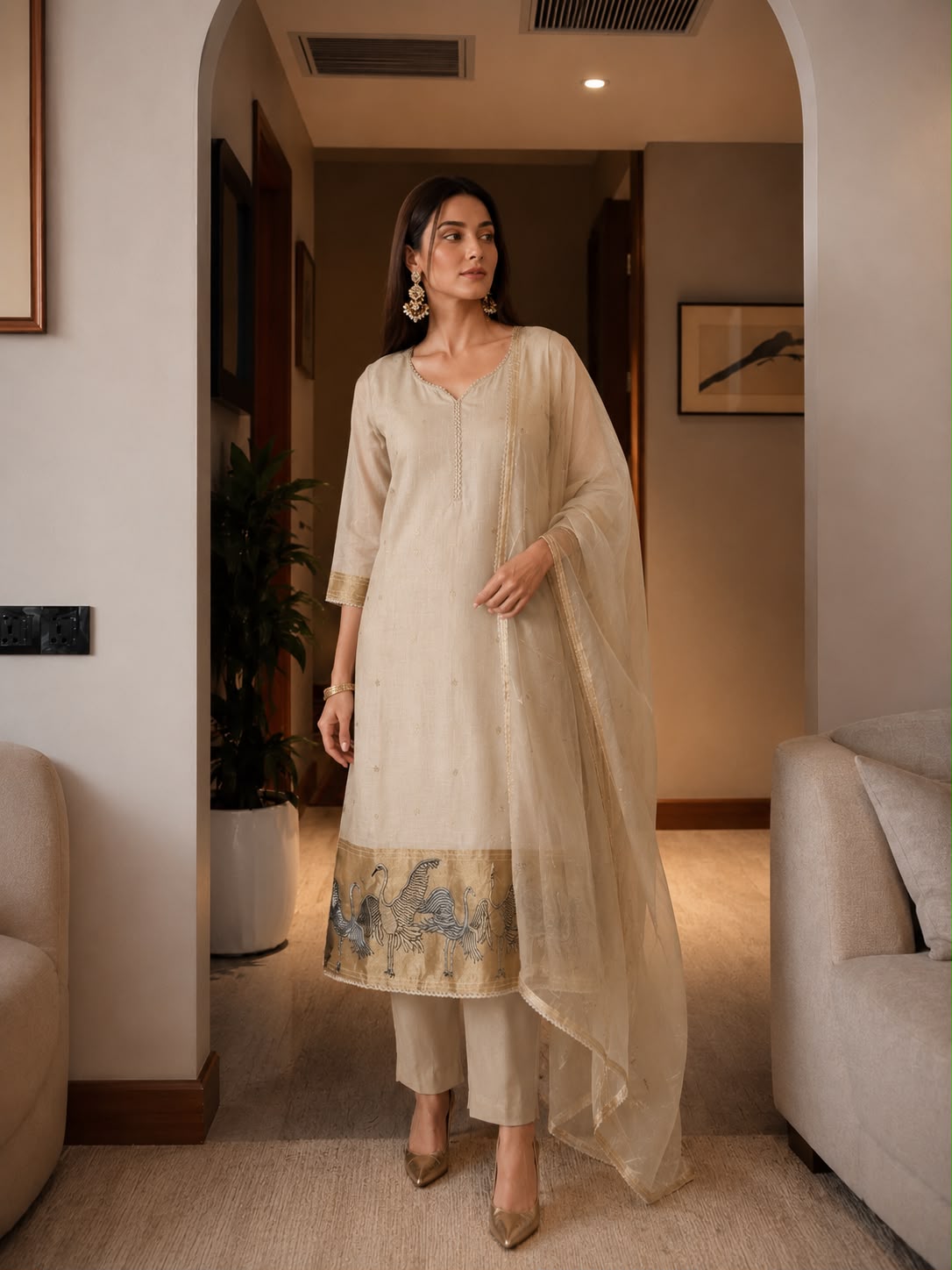 Pure mul chanderi with lining and full chanderi dupatta three piece set (S214)