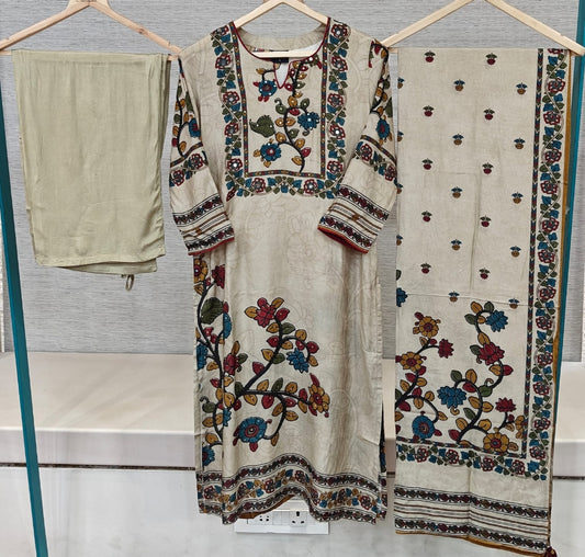 Pure muslin silk kalamkari dupatta three piece set (C187)