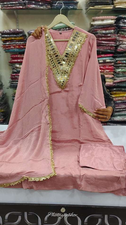 Pure chinnon with real mirror work three piece set (C328)