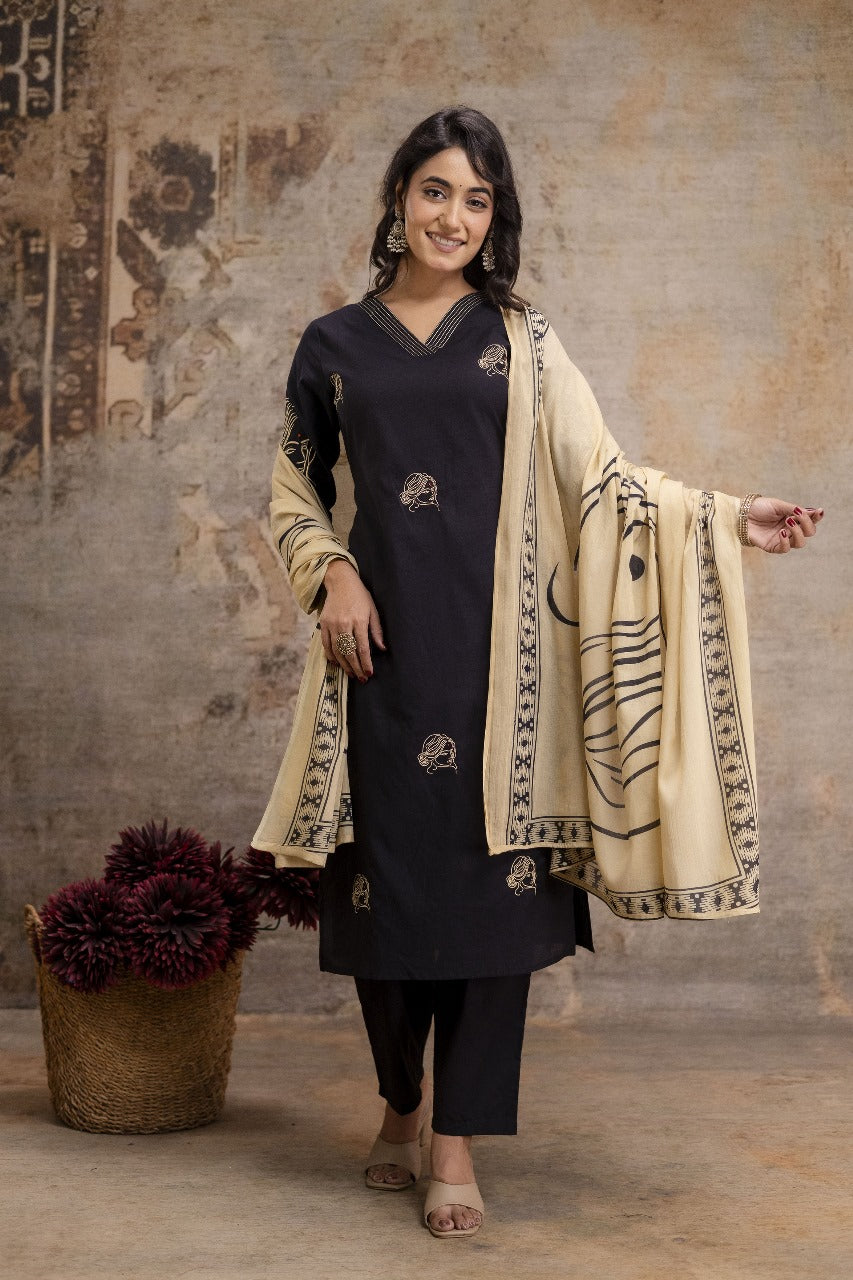 Pure cotton black colour with embroidery three piece set (A1263)