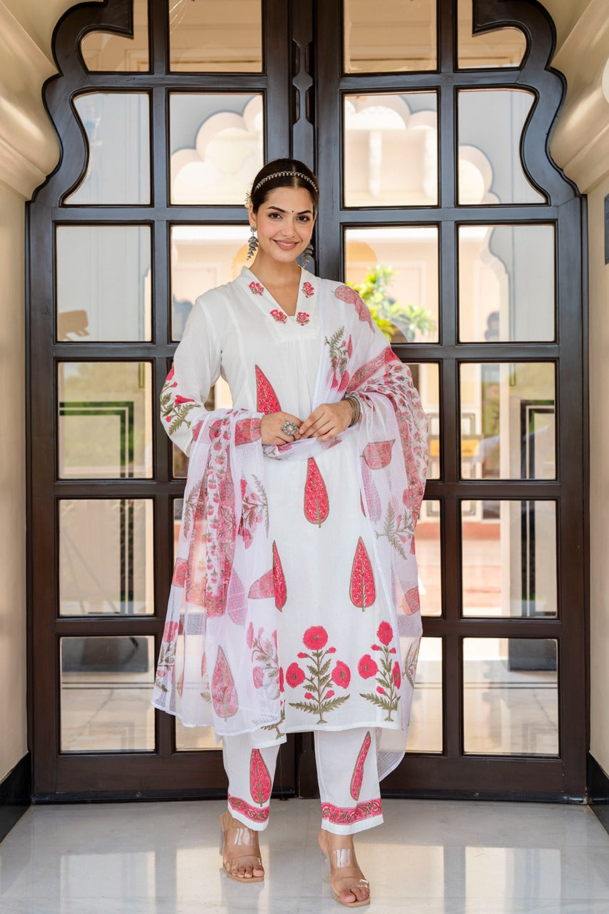 White with red pure cotton with lining block print and kota dupatta three piece set (p761)