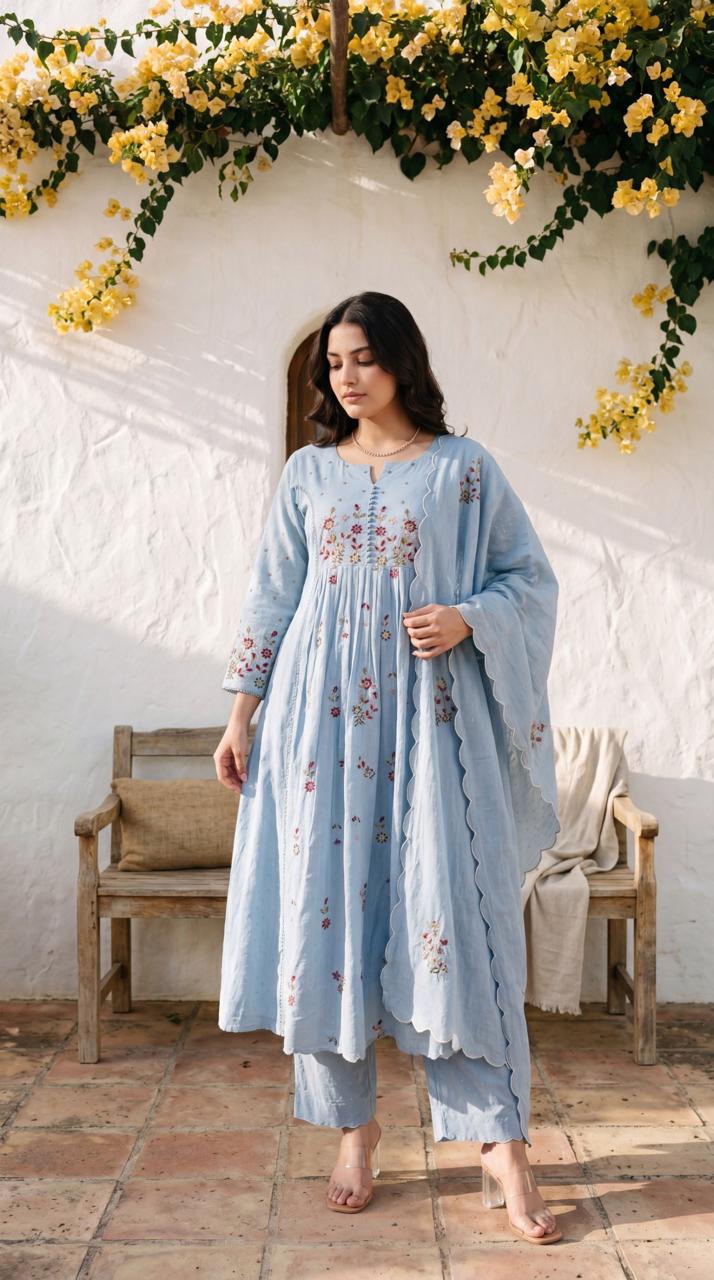 Dobby cotton with lining full thread work three piece set (B709)