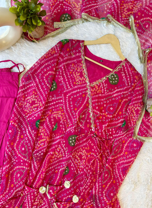 Pink bandani pure chiffon Angrakha pattern three piece set (A1083)