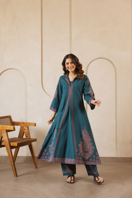 Cotton modal peacock blue smart two piece cordset (B347)