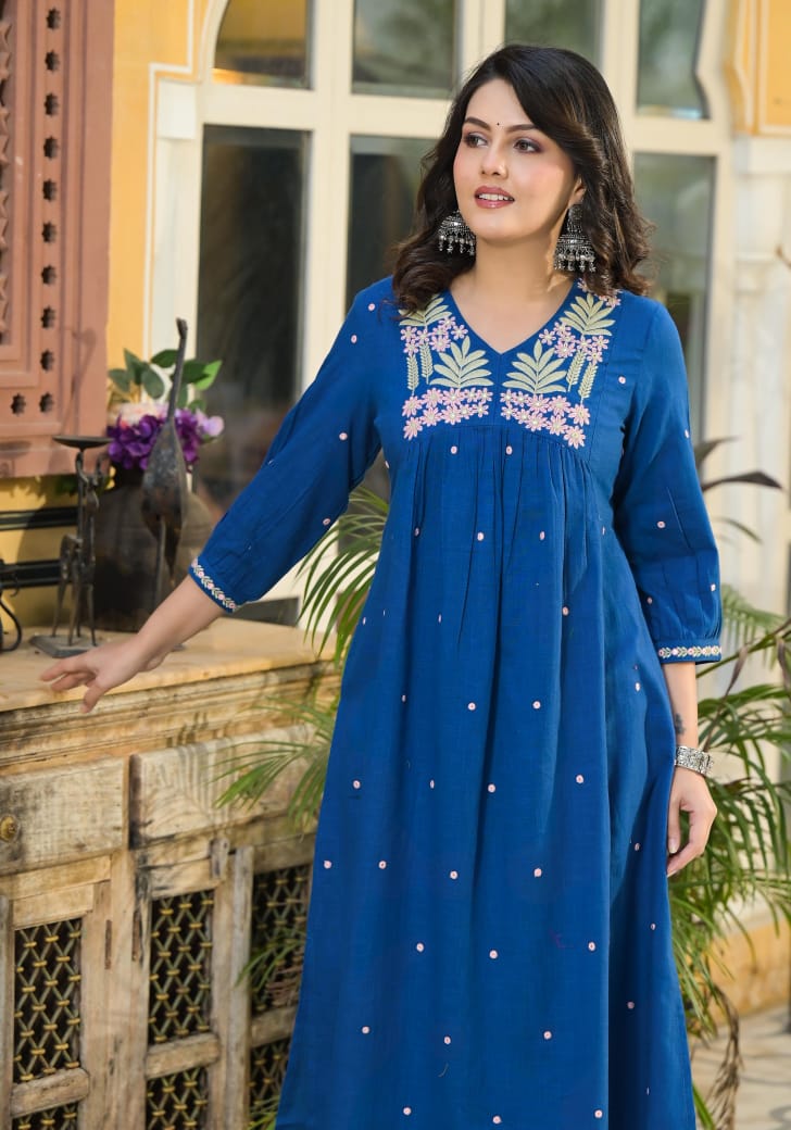 Blue handloom cotton with full embroidery designer two piece cordset (T158)