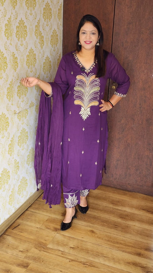 Purple pure cotton fully thread zari weaved three piece set (A909)