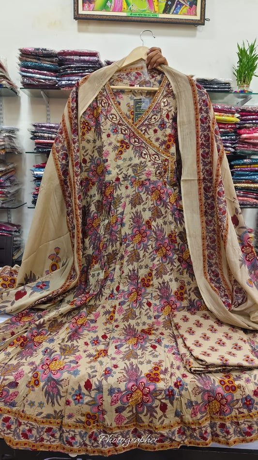 Beidge pure cotton kalamkari Angrakha pattern three piece set (A1118)