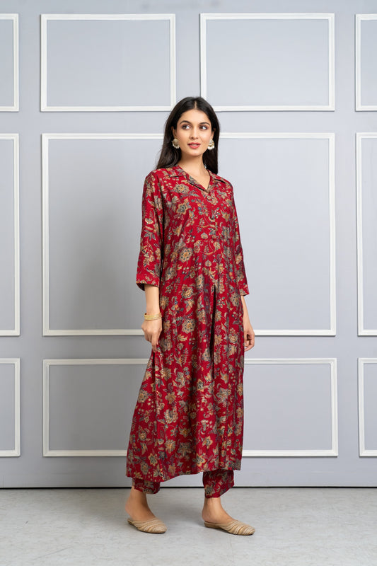 Mahroon pure kalamkari two piece cordset (A322)