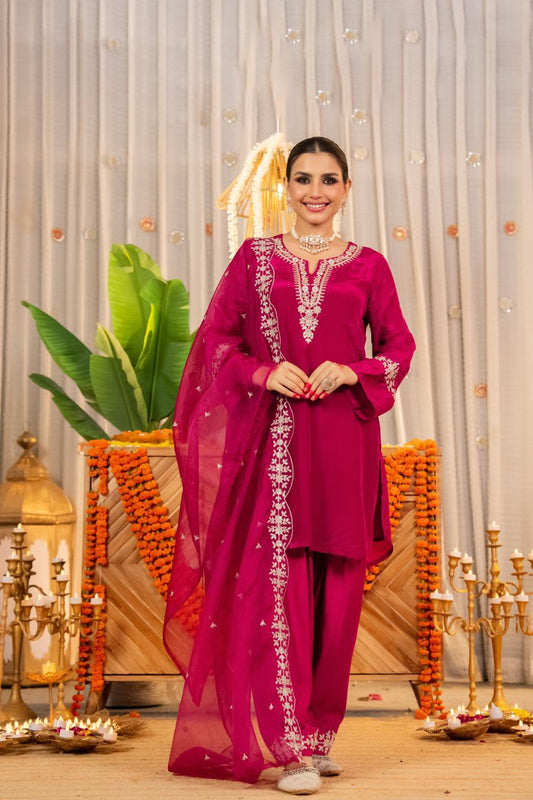 Pure glass oraganza with farshi salwar three piece set (A1241)