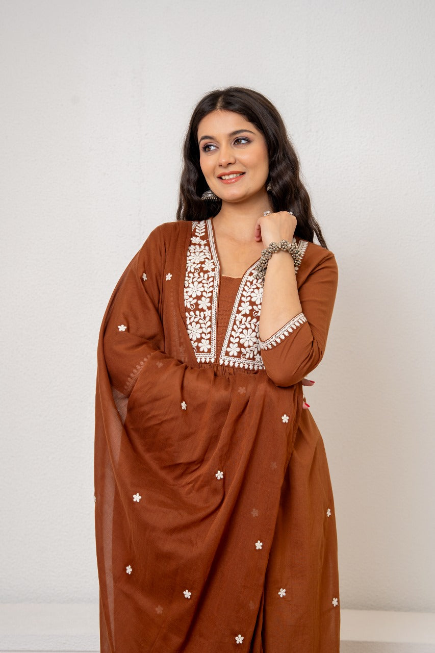 Brown pure cotton fully chikankari three piece set (P2351)