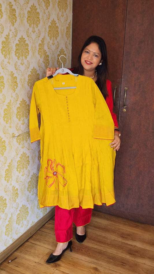 Yellow pure muslin with lining two piece cordset (A1062)