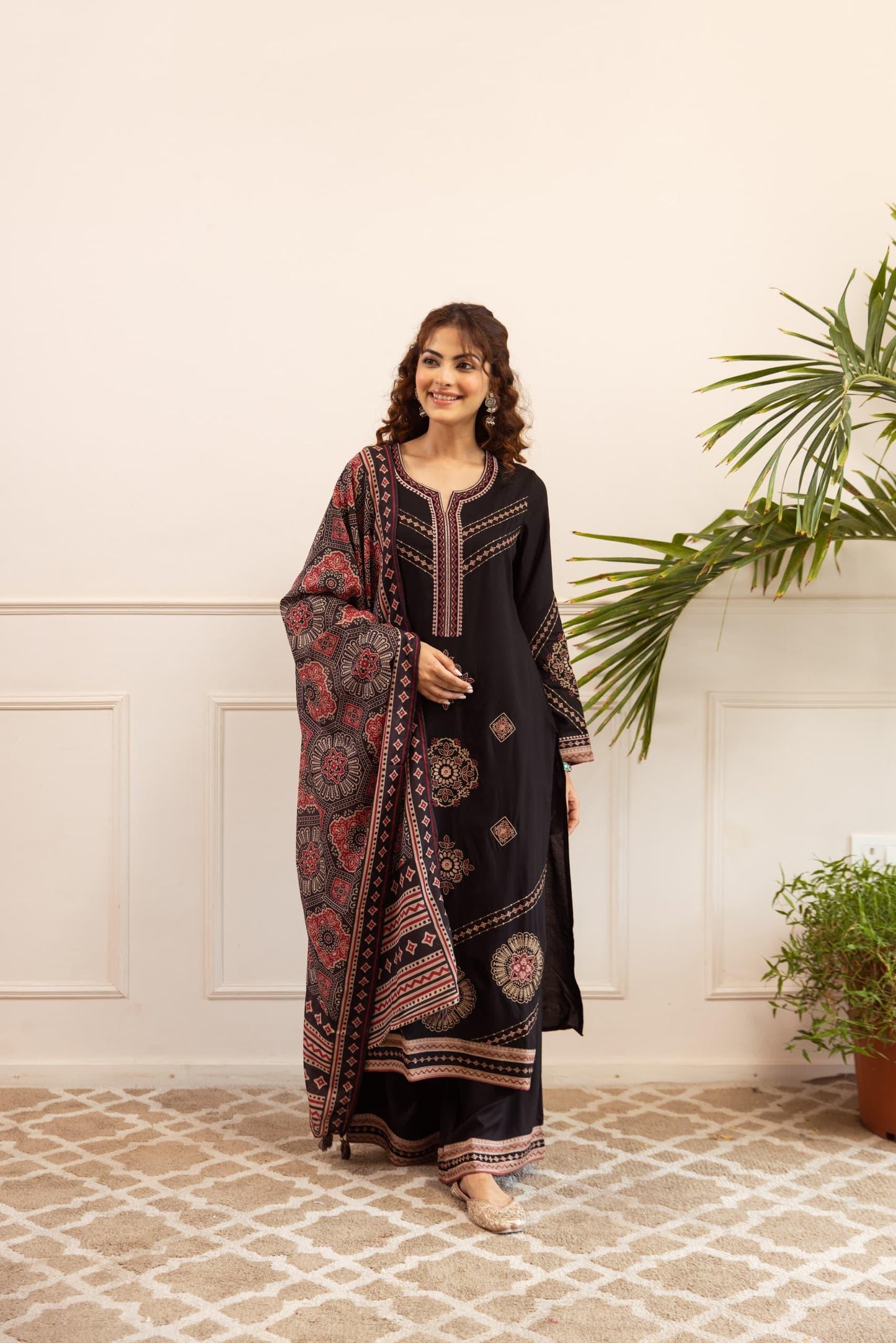 Cotton modal fully embroidered smart three piece set (B244)
