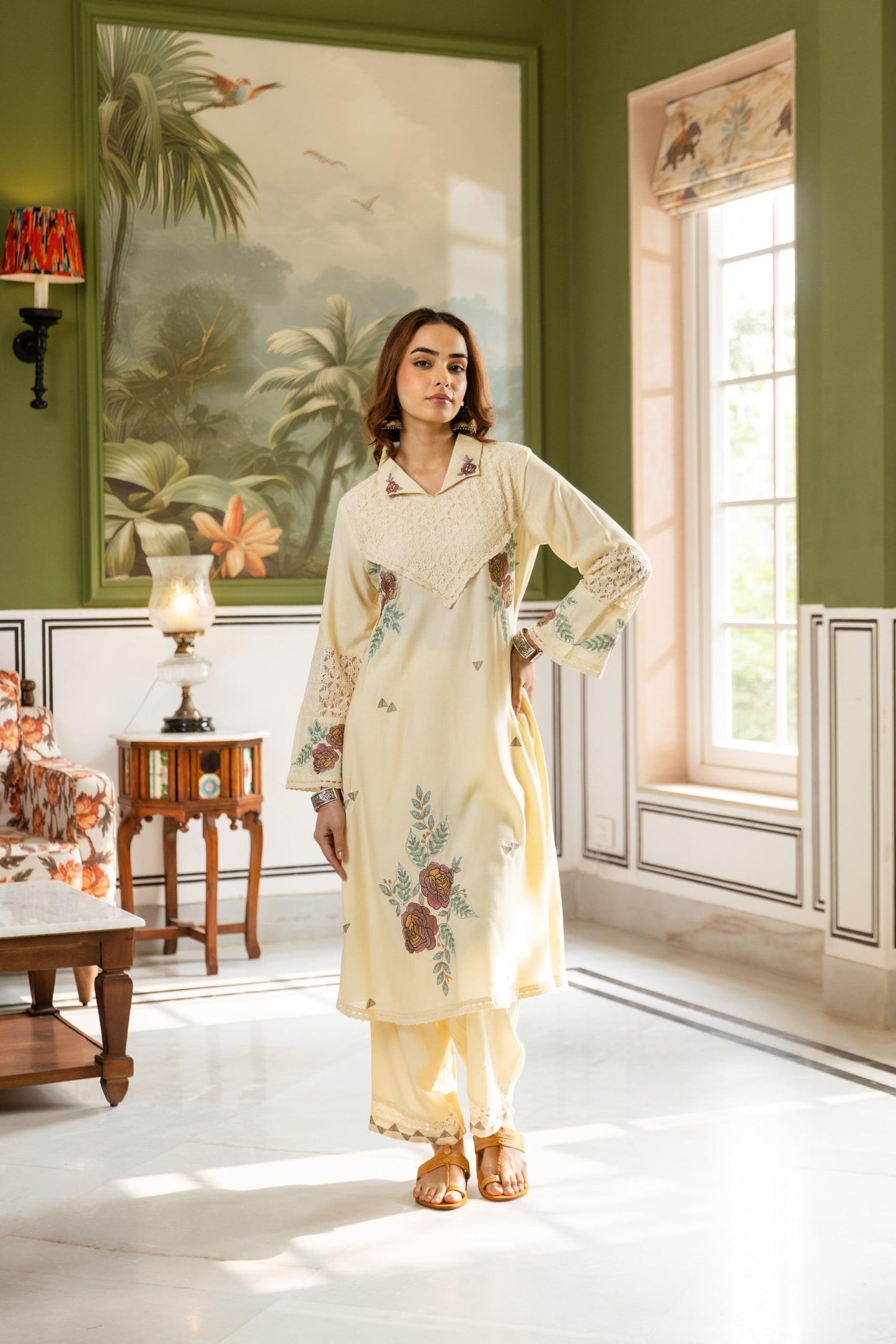 Off white pakistani pattern full thread work two piece cordset (B161)