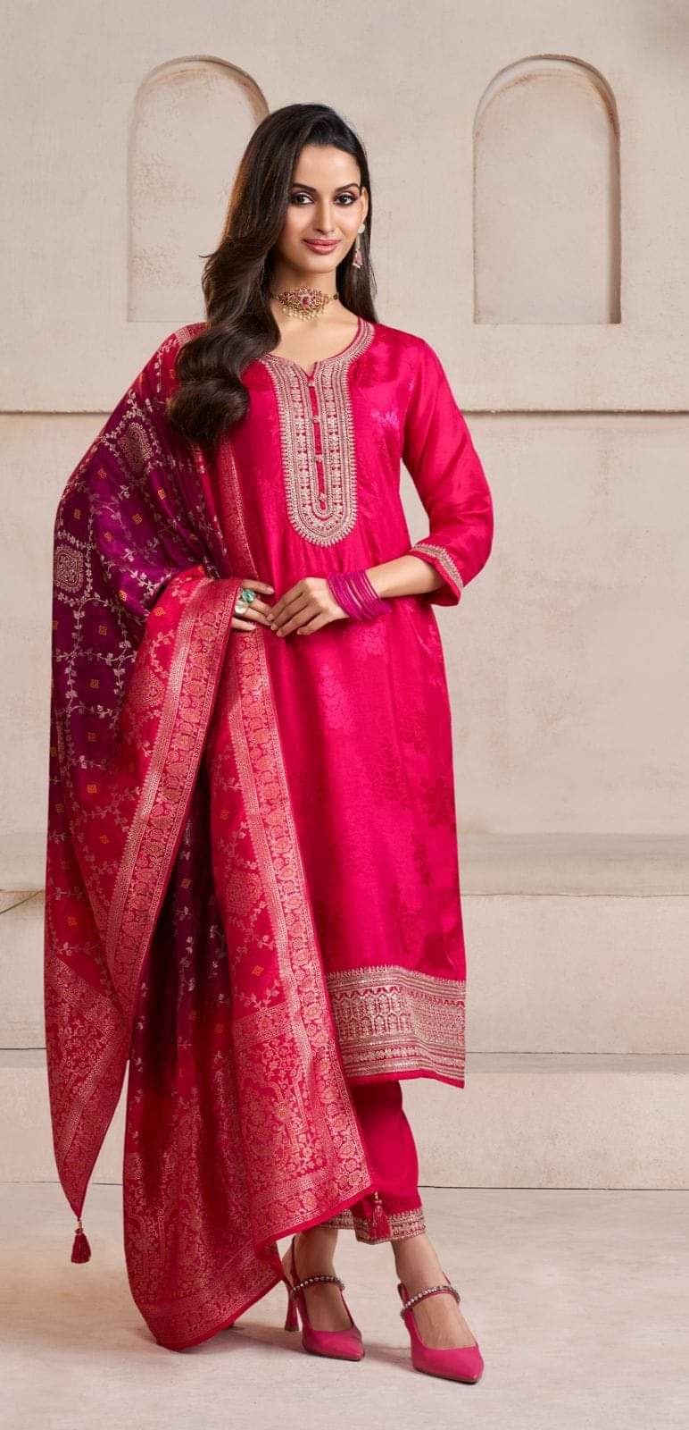 Bright pink pure banarsi three piece silk suit (P460)