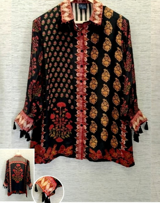 Black mugal print pure crape silk shirt (A1067)