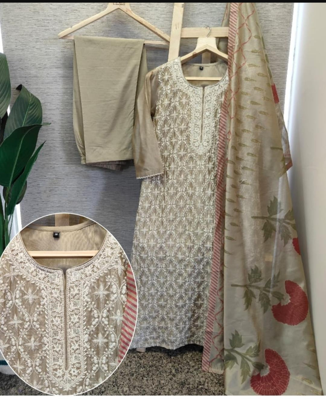 Pure chanderi silk with thread work three piece set (A1475)