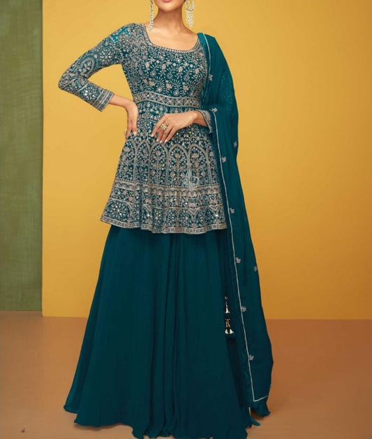 blue pure georgette with full thread work designer three piece set (P1322)